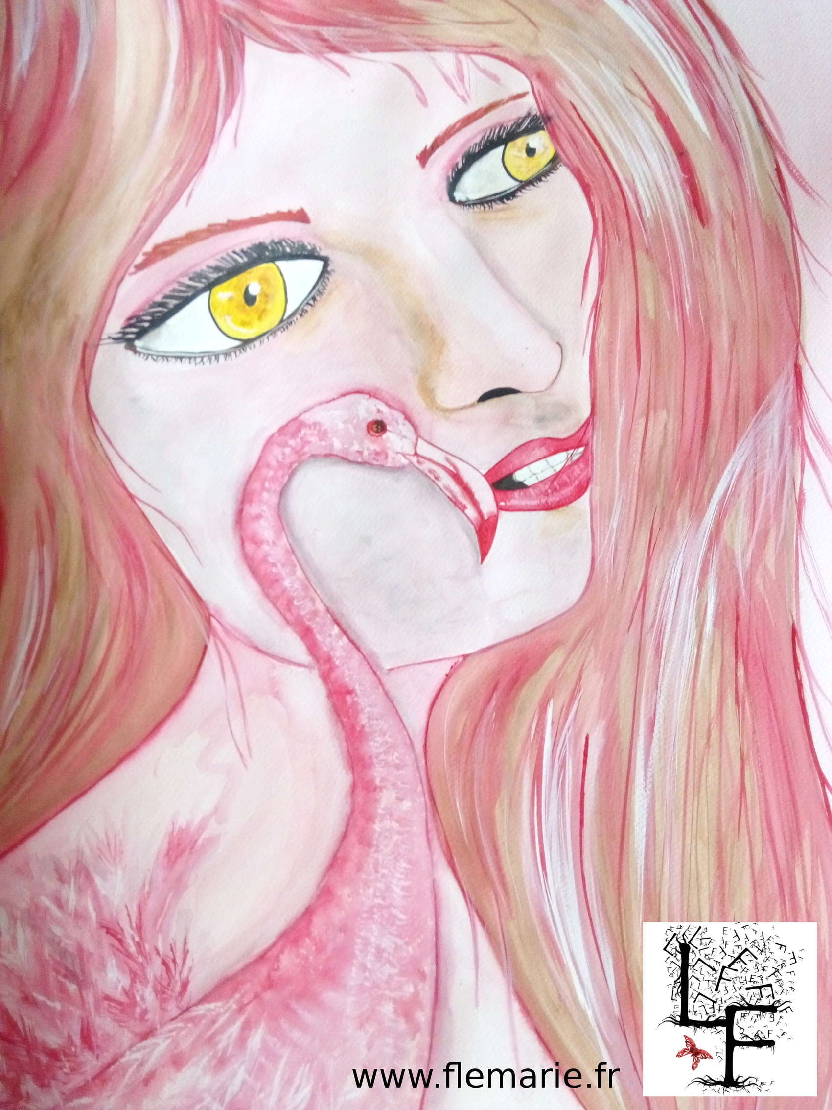 Femme et flamant  Aquarelle sur papier A2 300g/m2