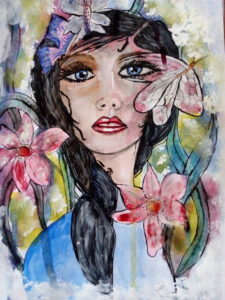 Jeune fille aux papillons  Aquarelle sur papier