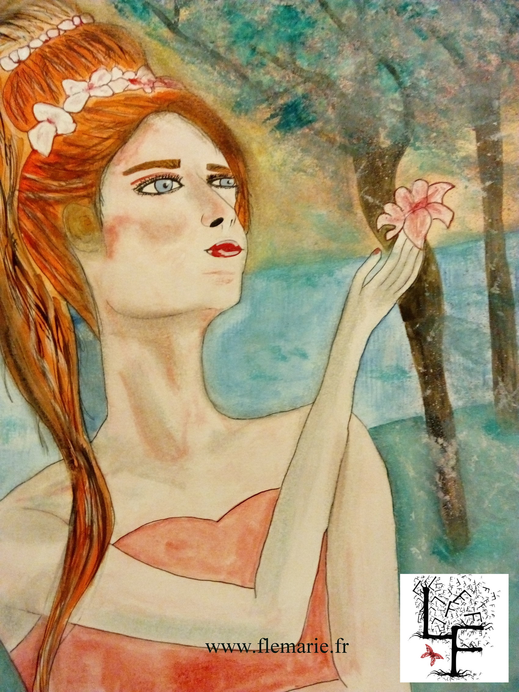 Jeune fille à la fleur  Aquarelle sur papier