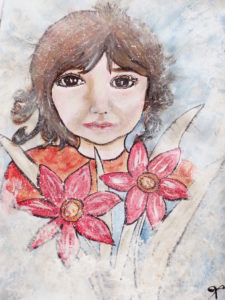 Petite fille aux fleurs  Aquarelle sur papier