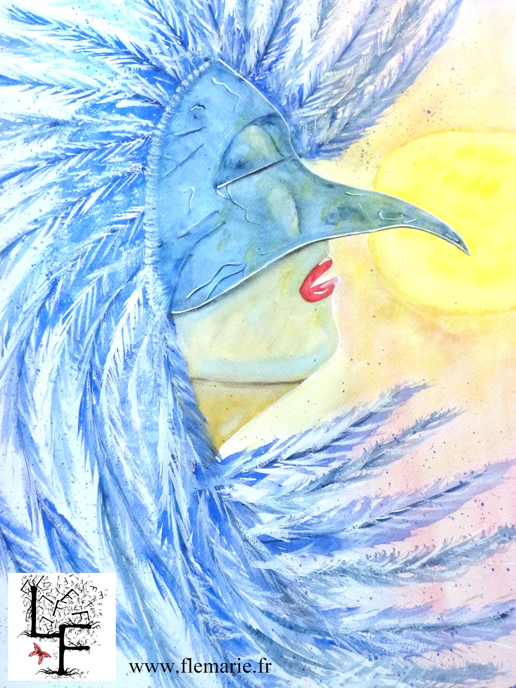 Sous le masque de l'oiseau  Aquarelle sur papier A2 300g/m2