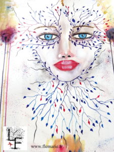 Visage aux feuilles  Aquarelle sur papier A2 300g/m2