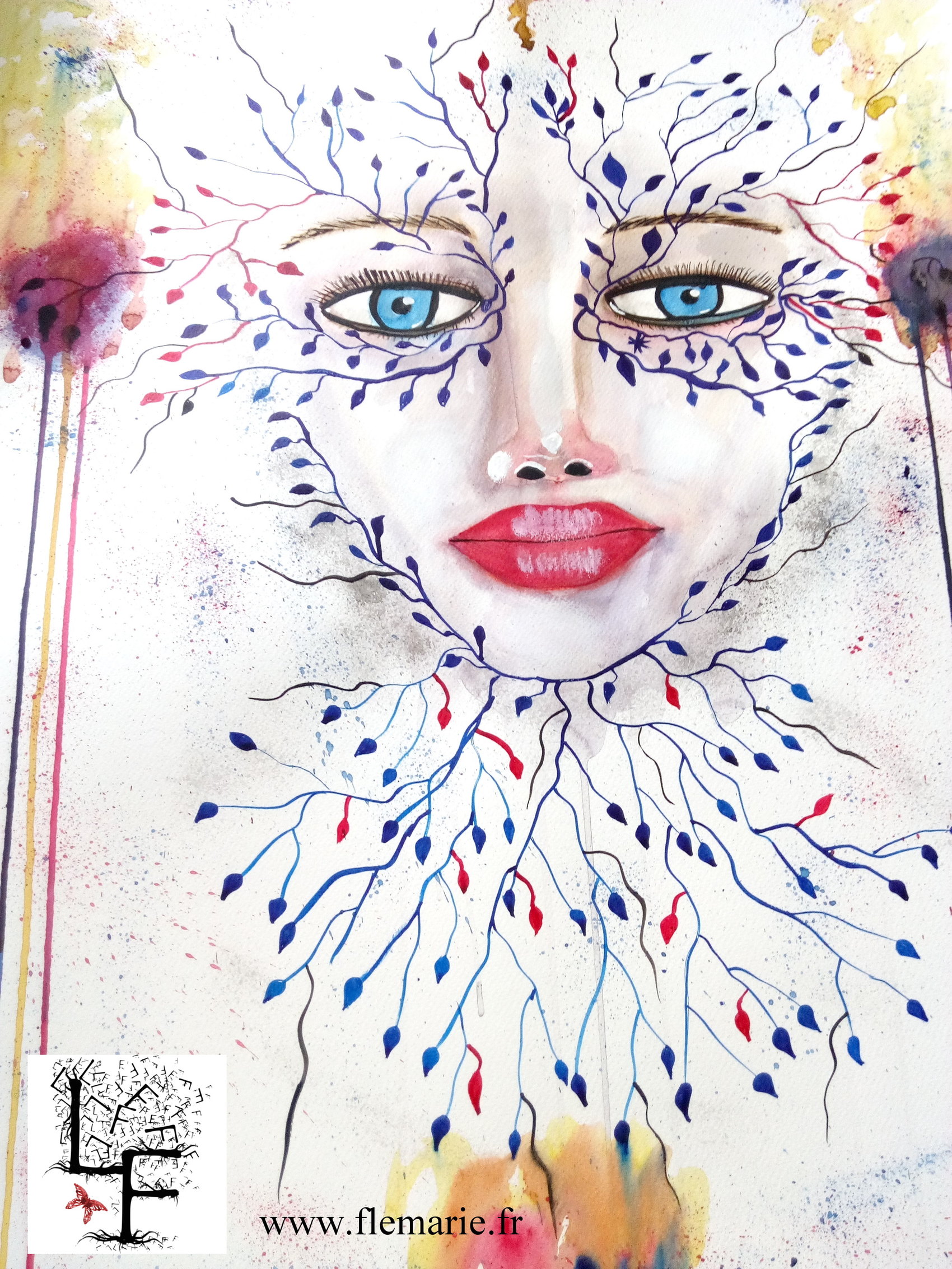 Visage aux feuilles  Aquarelle sur papier A2 300g/m2